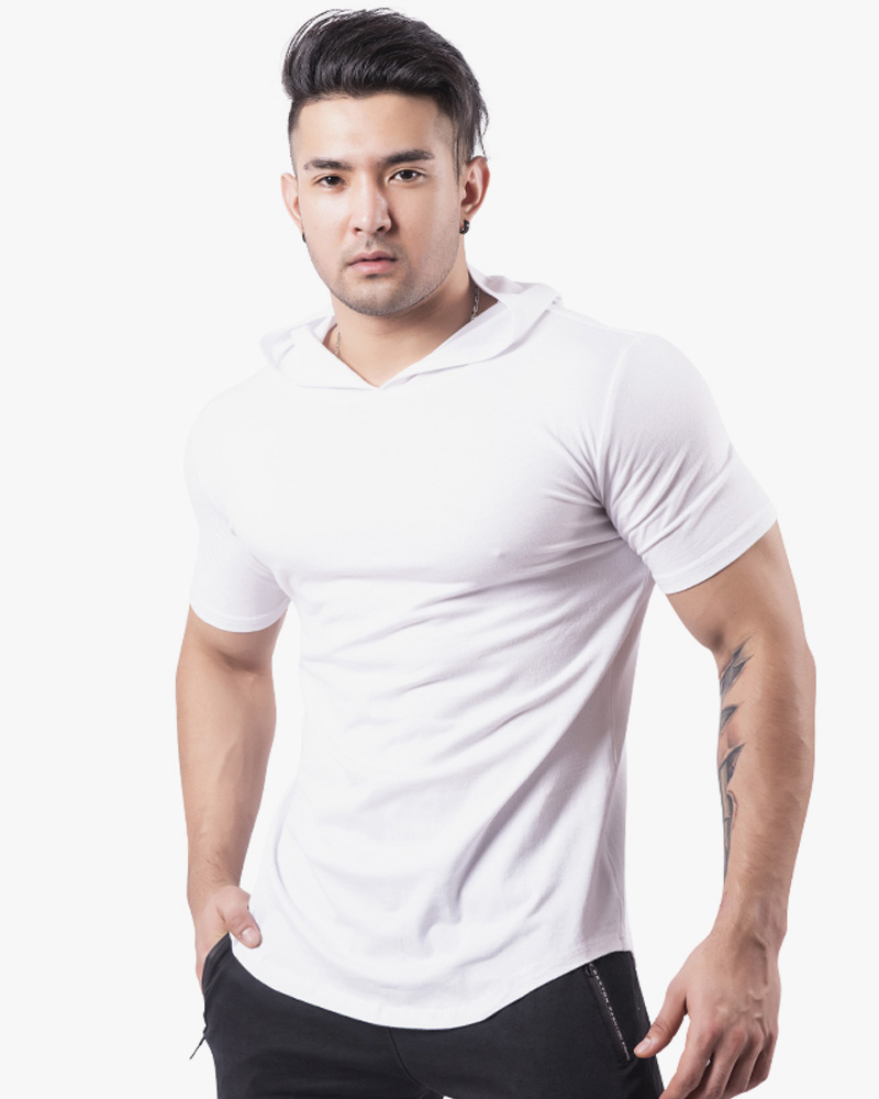  Men's hooded fitness suit short sleeved sport t shirts