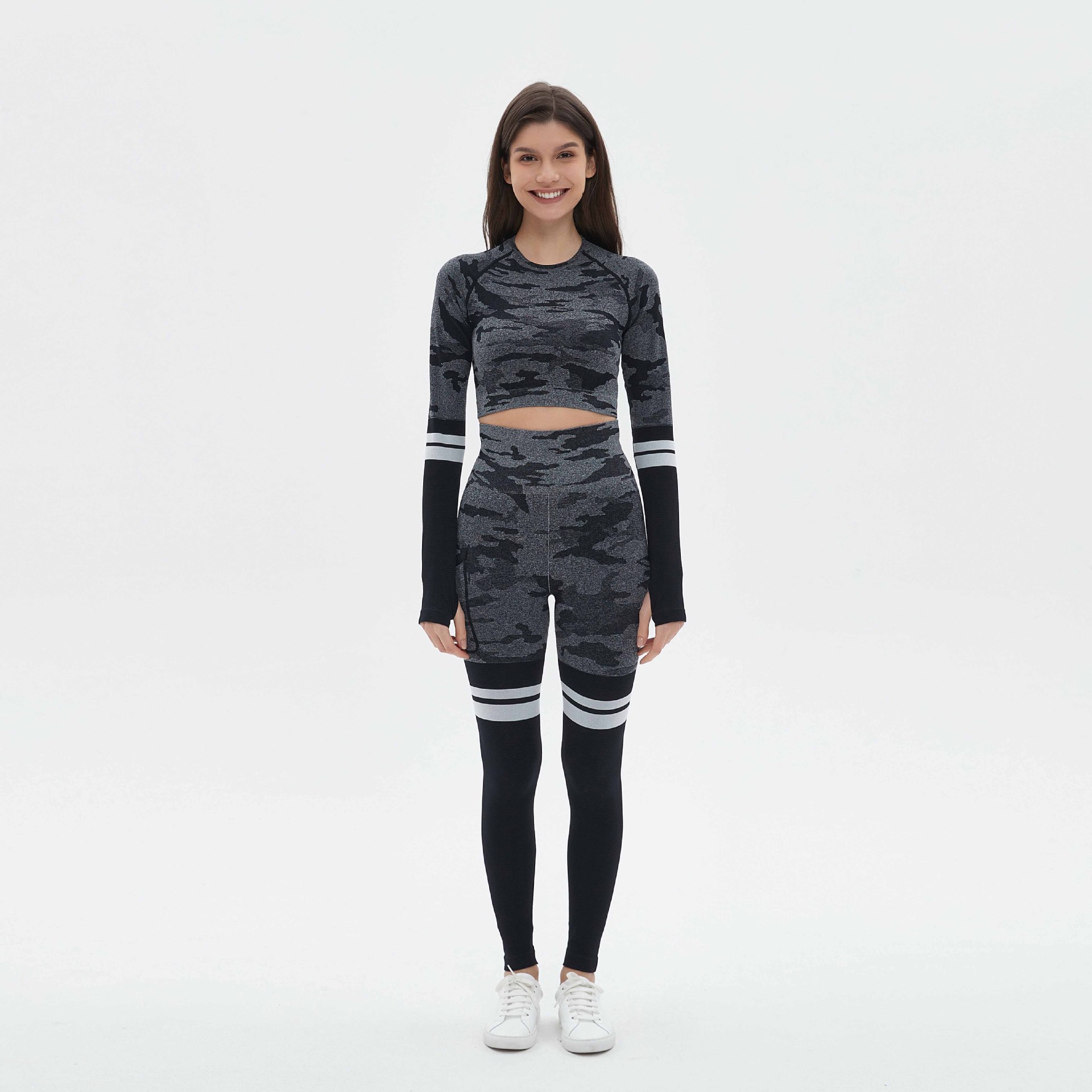 Custom logo 3-piece seamless camo sports bra and leggings set